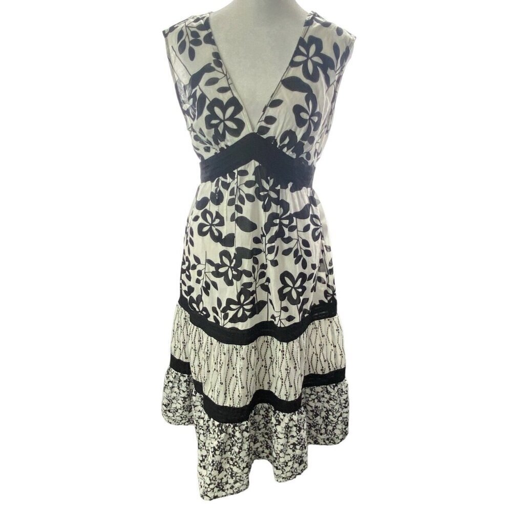 Vtg JONATHAN MARTIN Women Y2K Babydoll Midi Dress Sz 10 B/W V Neck Floral 54-14